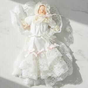 Miniature Porcelain Baby Doll in White Lace Bonnet Collectible Decor